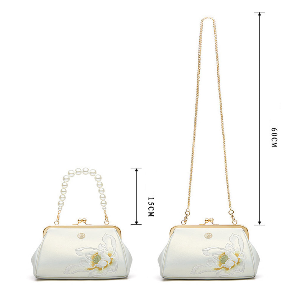New Chinese style Embroidery Cowhide Leather Kiss Lock Clutch Bag Lotus Evening Handbag