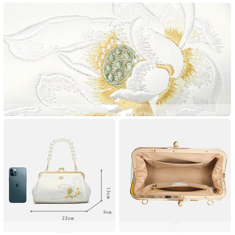 New Chinese style Embroidery Cowhide Leather Kiss Lock Clutch Bag Lotus Evening Handbag