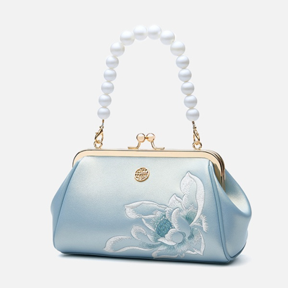 New Chinese style Embroidery Cowhide Leather Kiss Lock Clutch Bag Lotus Evening Handbag