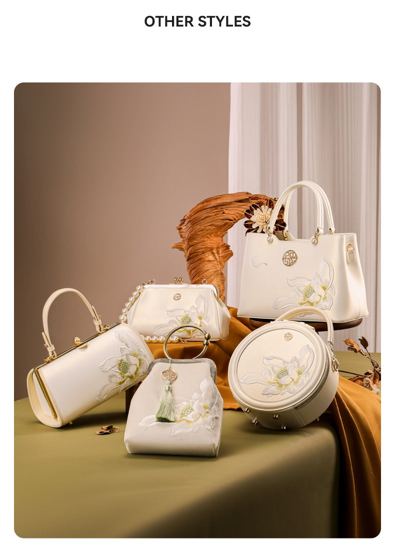 New Chinese style Embroidery Cowhide Leather Kiss Lock Clutch Bag Lotus Evening Handbag