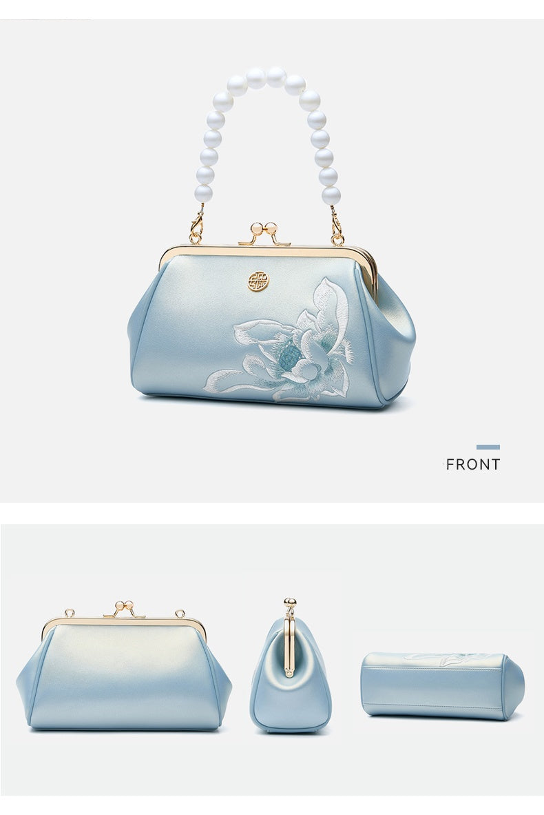 New Chinese style Embroidery Cowhide Leather Kiss Lock Clutch Bag Lotus Evening Handbag