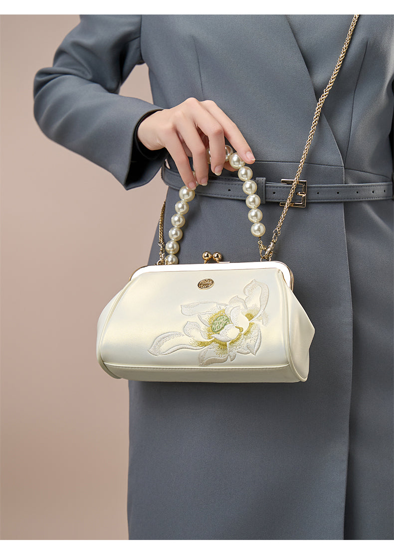 New Chinese style Embroidery Cowhide Leather Kiss Lock Clutch Bag Lotus Evening Handbag