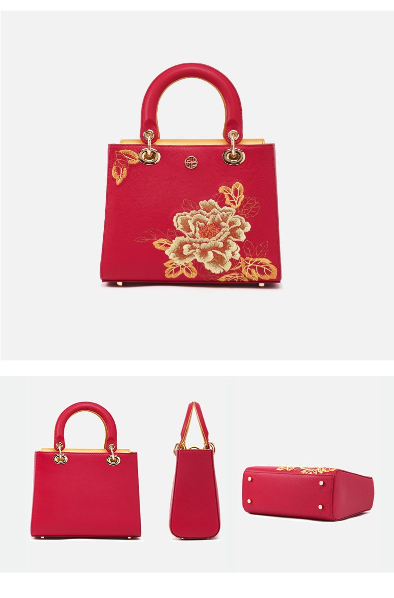 Chinese style genuine leather ladies embroidered Princess Diana bag handbag