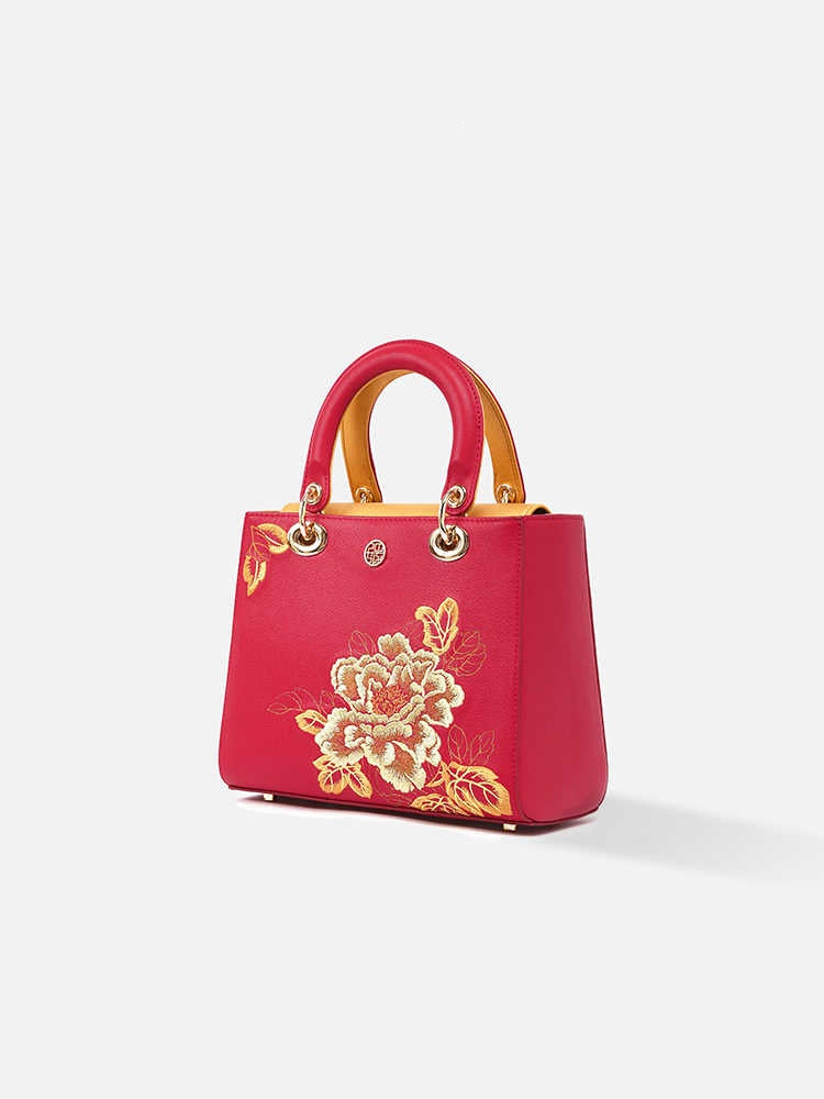 Chinese style genuine leather ladies embroidered Princess Diana bag handbag