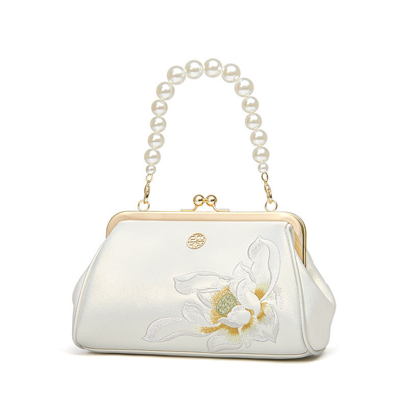 New Chinese style Embroidery Cowhide  Leather Kiss Lock Clutch Bag Lotus Evening Handbag