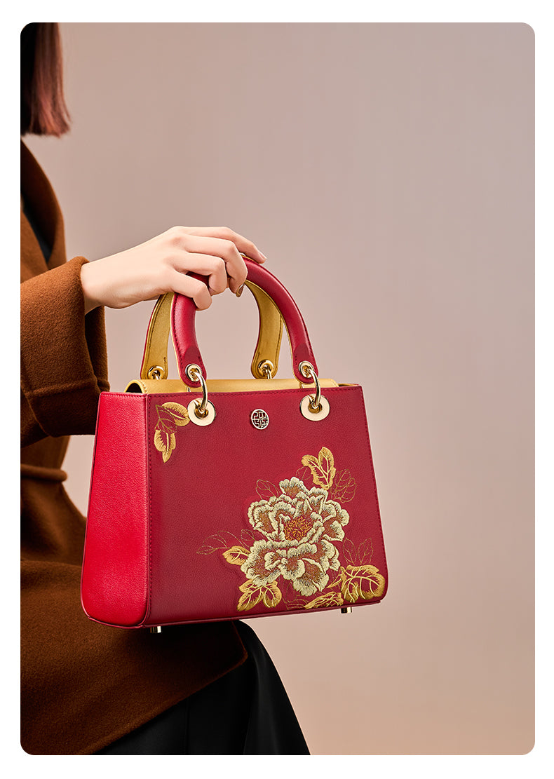 Chinese style genuine leather ladies embroidered Princess Diana bag handbag