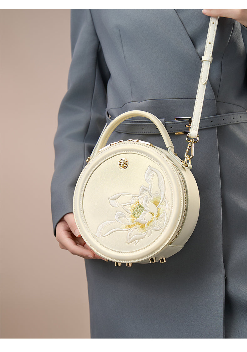 Embroidery Leather White Round Lotus Handbag