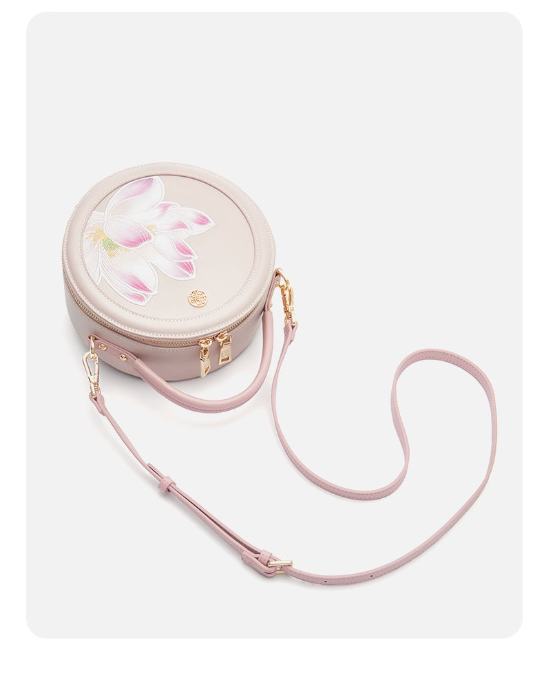 Embroidery Leather Pink Round Lotus Handbag