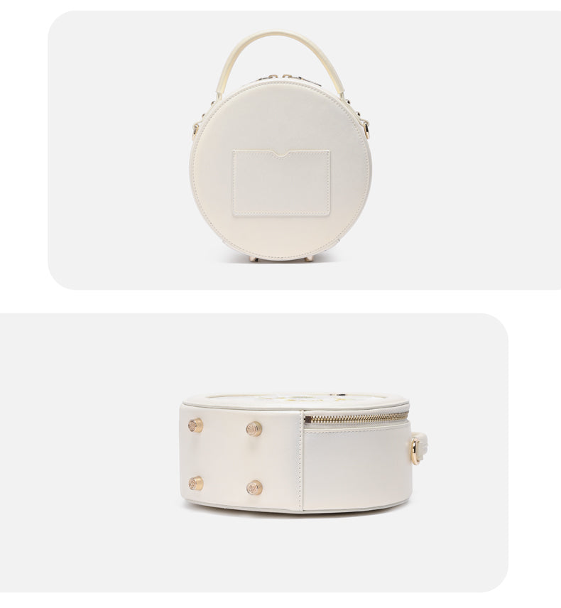 Embroidery Leather White Round Lotus Handbag