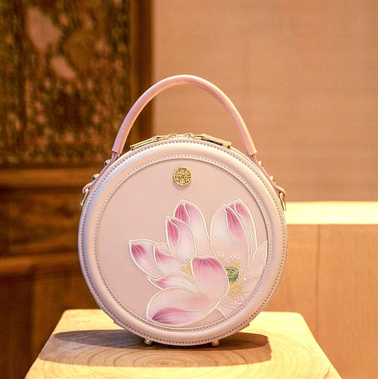 Embroidery Leather Pink Round Lotus Handbag