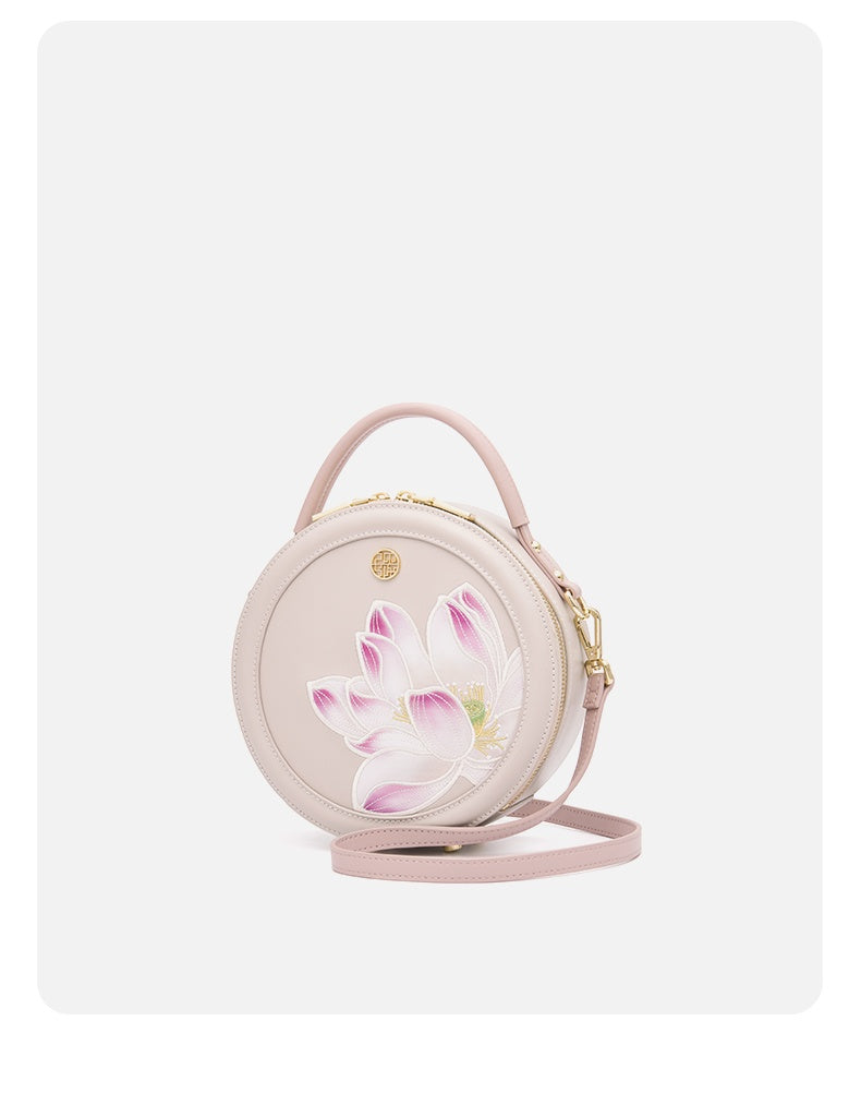 Embroidery Leather Pink Round Lotus Handbag