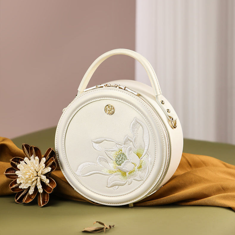 Embroidery Leather White Round Lotus Handbag