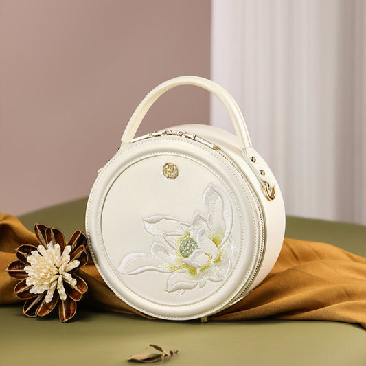 Embroidery Leather White Round Lotus Handbag