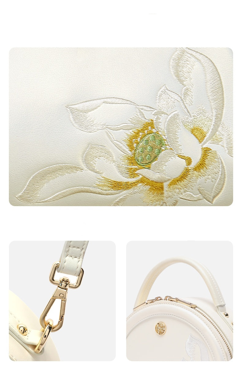 Embroidery Leather White Round Lotus Handbag